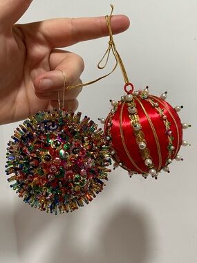 Set Of 2 Vintage Push Pin Christmas Ornaments Handmade Beaded And Red Satin